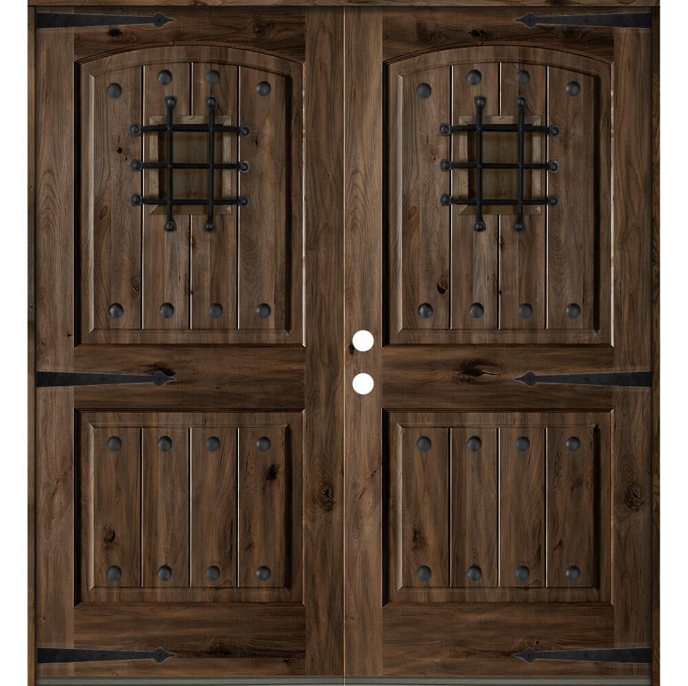 Mediterranean Knotty Alder Arch Top Speakeasy Exterior Double Door - Krosswood