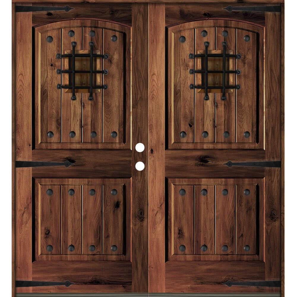 Mediterranean Knotty Alder Arch Top Speakeasy Exterior Double Door - Krosswood