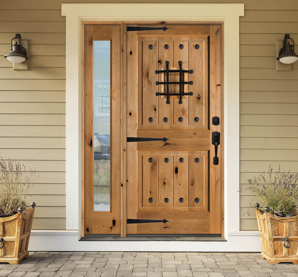 Mediterranean Knotty Alder Square Top Speakeasy Exterior Door - Krosswood