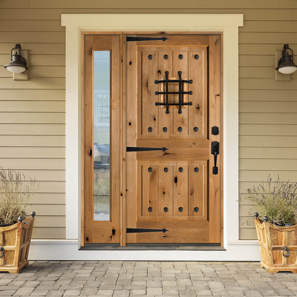 Mediterranean Knotty Alder Square Top Speakeasy Exterior Door - Krosswood