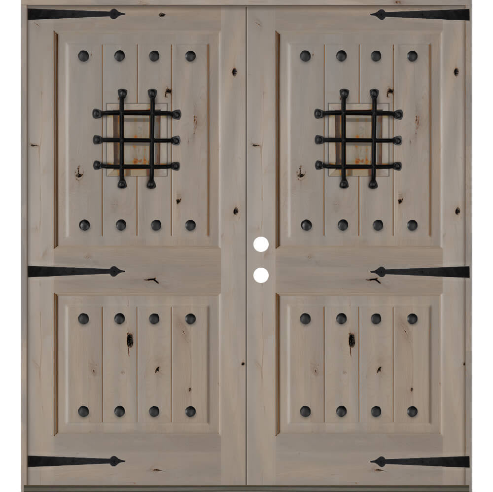 Mediterranean Speakeasy Glass Window Square Top Exterior Double Door - Krosswood