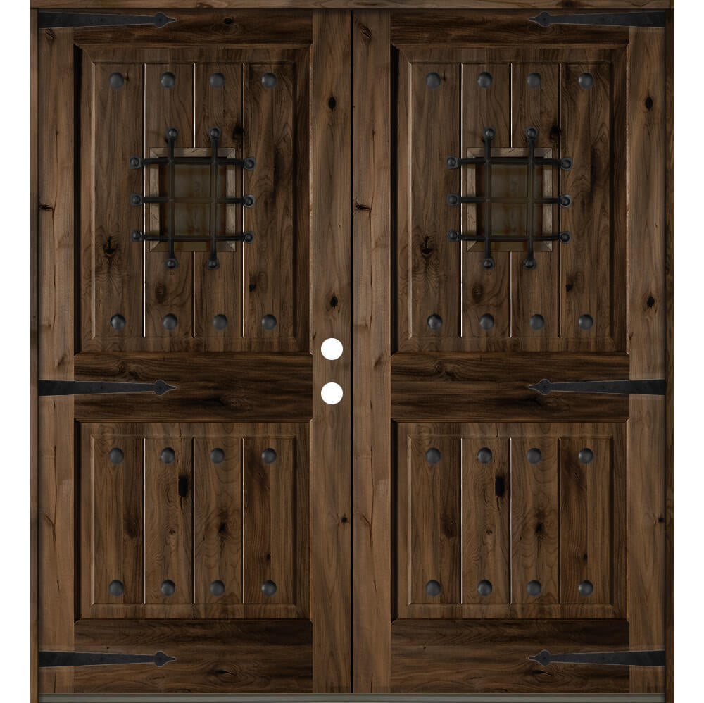 Mediterranean Speakeasy Glass Window Square Top Exterior Double Door - Krosswood