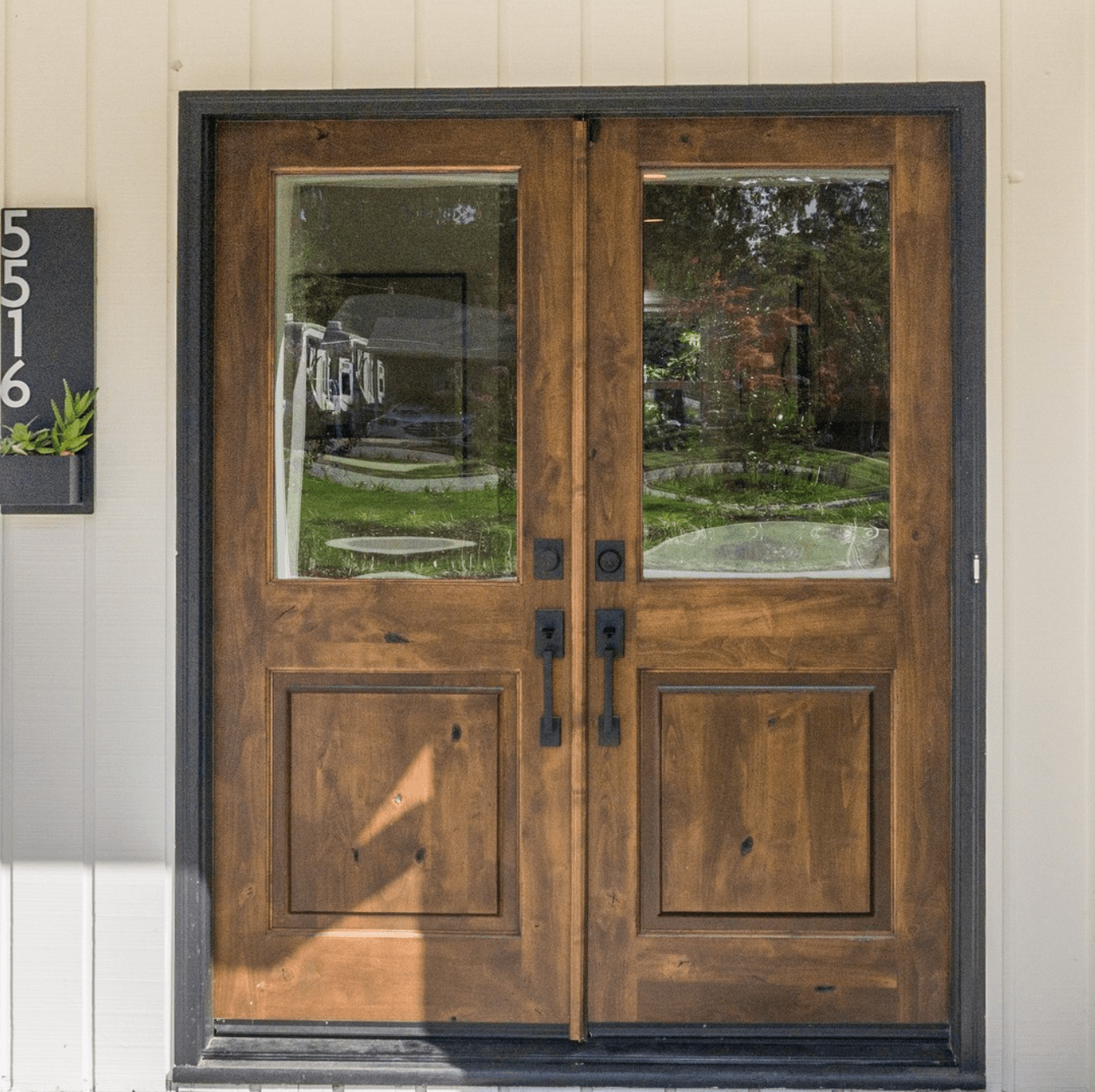 Modern Farmhouse Knotty Alder Half Lite Clear Glass Exterior Door - Krosswood