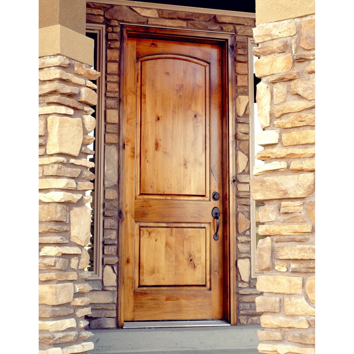 36 in. x 80 in. Rustic Knotty Alder 2-Panel Top Rail Arch V-Groove Unfinished Wood Front Door Slab 36 in. x 80 in. Rustic Knotty Alder 2-Panel Top Rail Arch V-Groove Unfinished Wood Front Door Slab