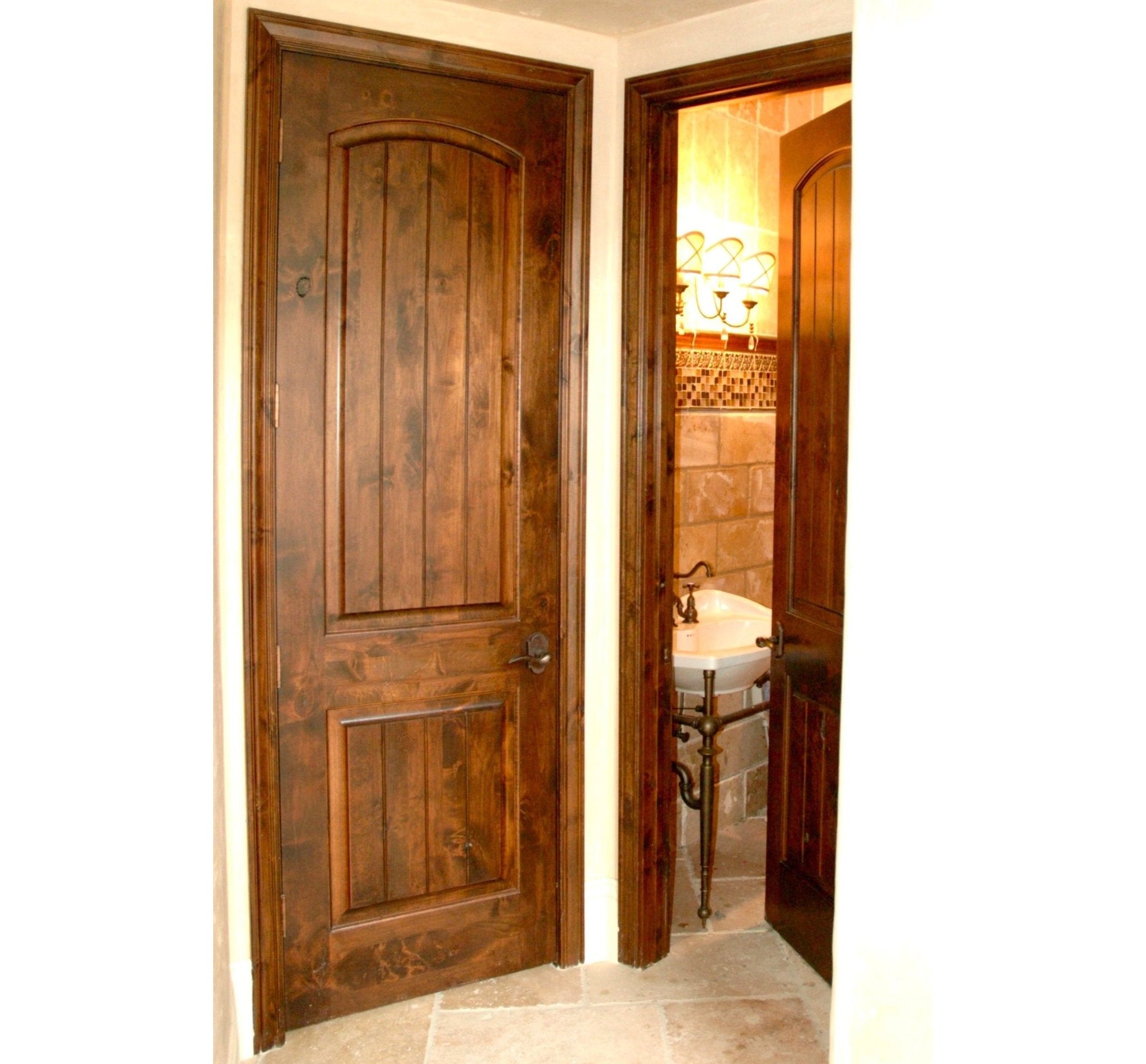 Rustic Knotty Alder Arch Top V-Groove Interior Door - Krosswood