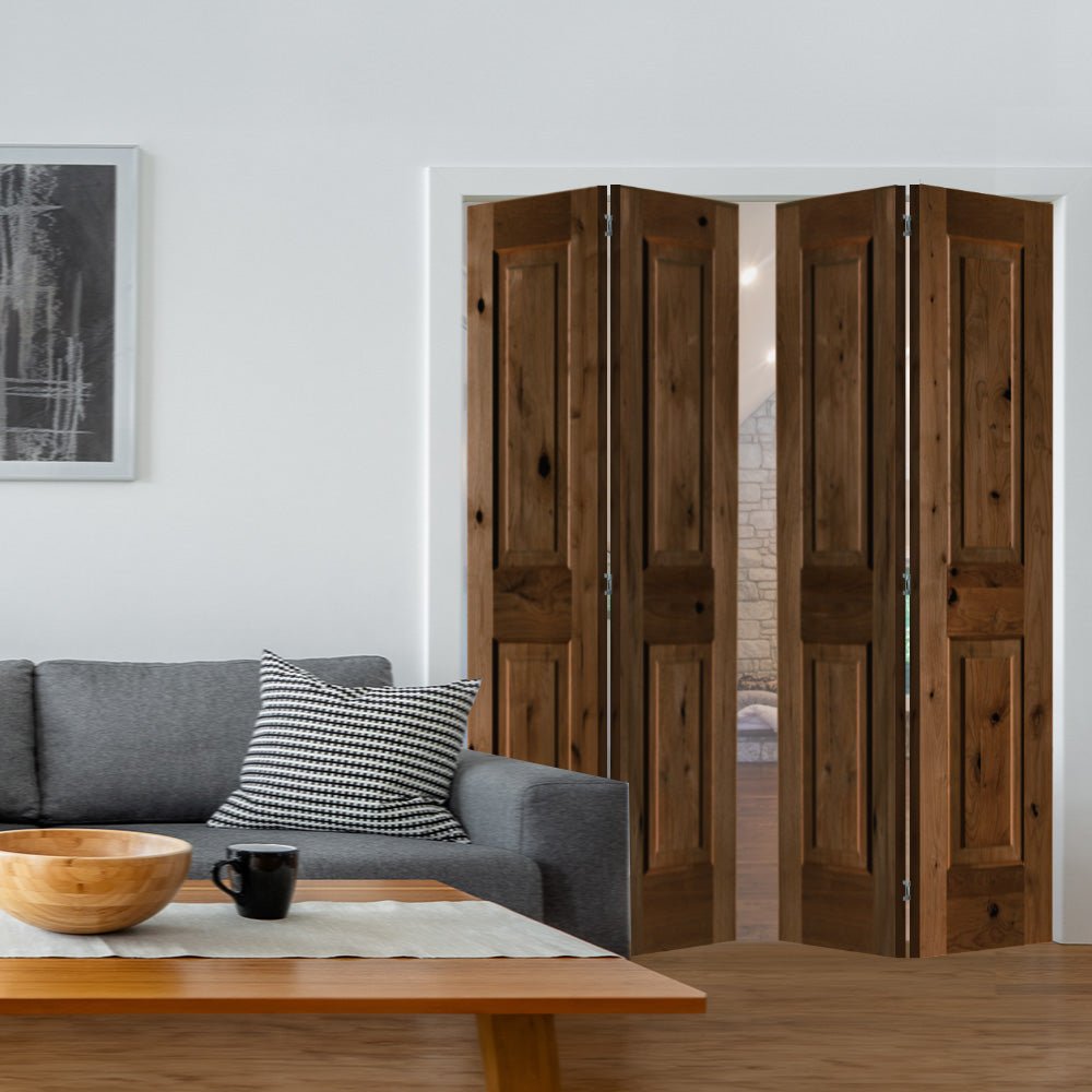 Rustic Knotty Alder Square Top Bifold Interior Double Door - Krosswood