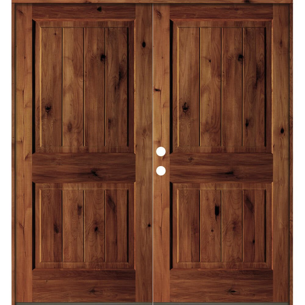 Rustic Knotty Alder Square Top V-Groove Exterior Double Door - Krosswood