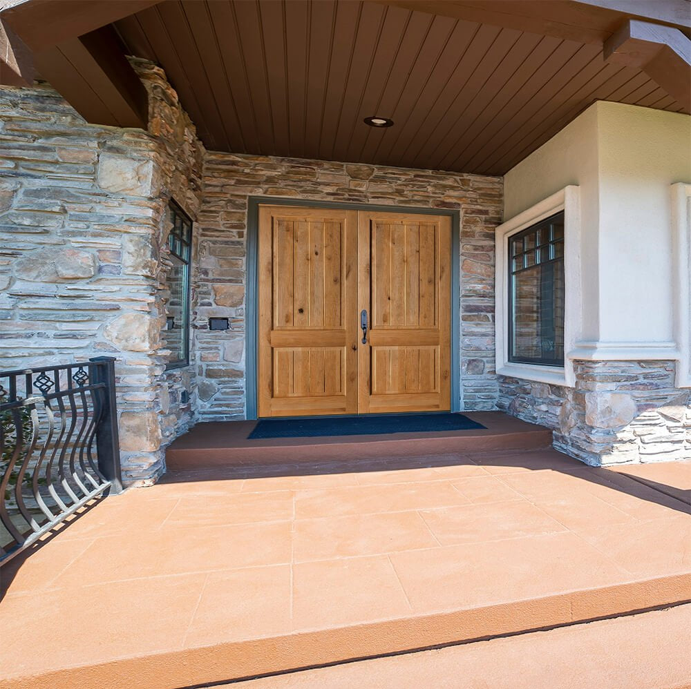 Rustic Knotty Alder Square Top V-Groove Exterior Double Door - Krosswood