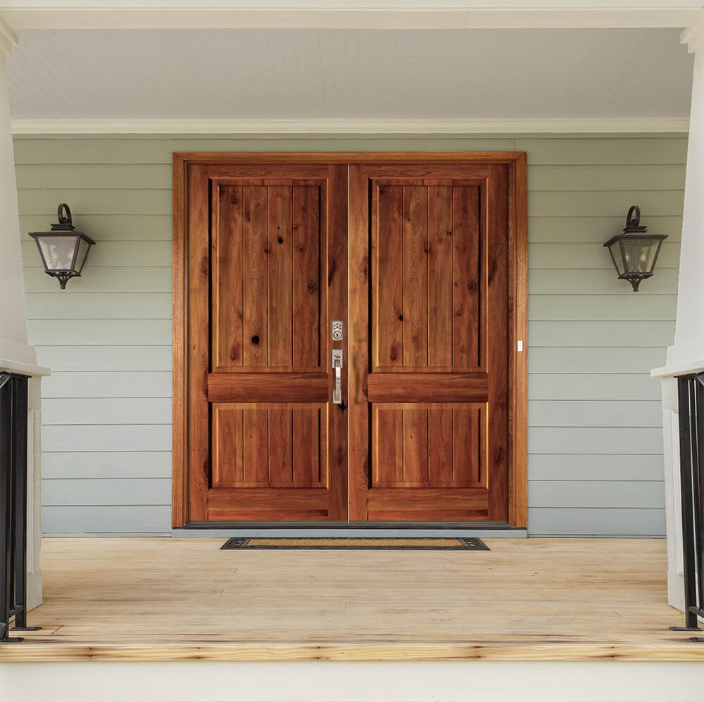 Rustic Knotty Alder Square Top V-Groove Exterior Double Door - Krosswood