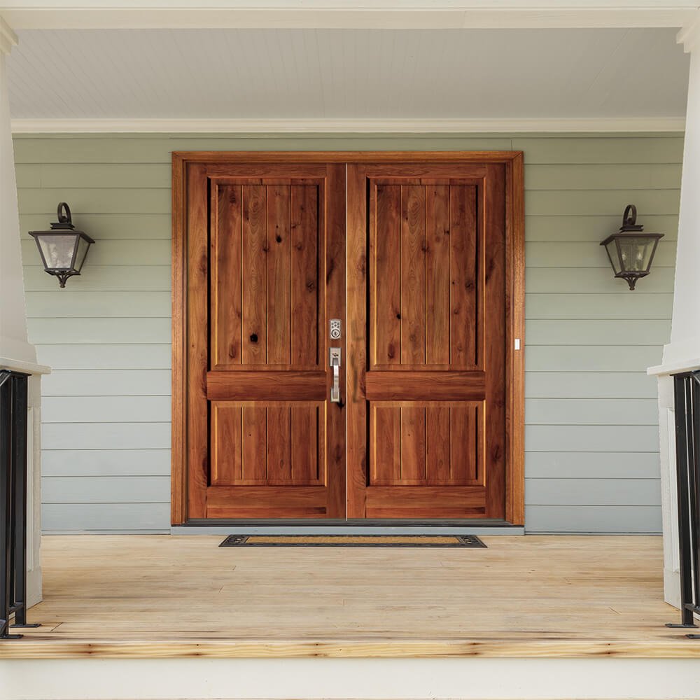Rustic Knotty Alder Square Top V-Groove Exterior Double Door - Krosswood
