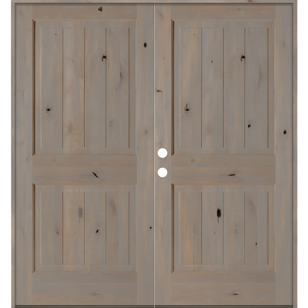 Rustic Knotty Alder Square Top V-Groove Exterior Double Door - Krosswood