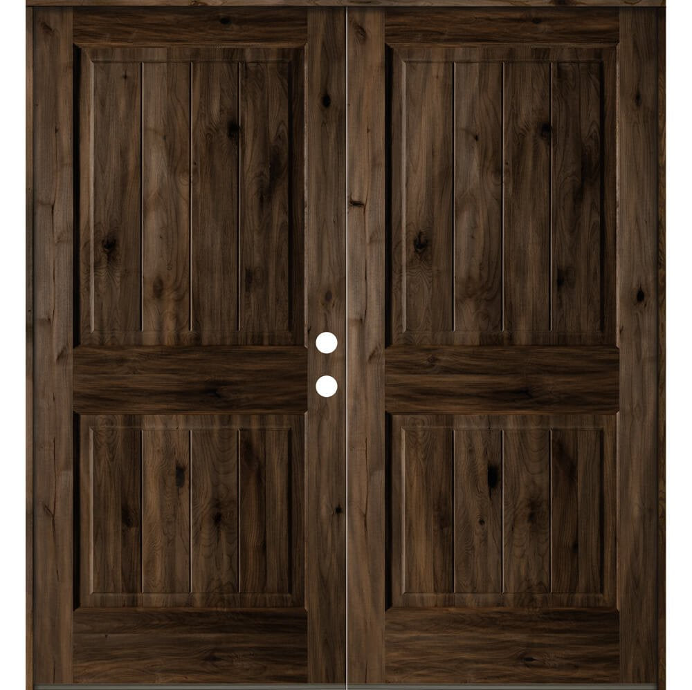 Rustic Knotty Alder Square Top V-Groove Exterior Double Door - Krosswood