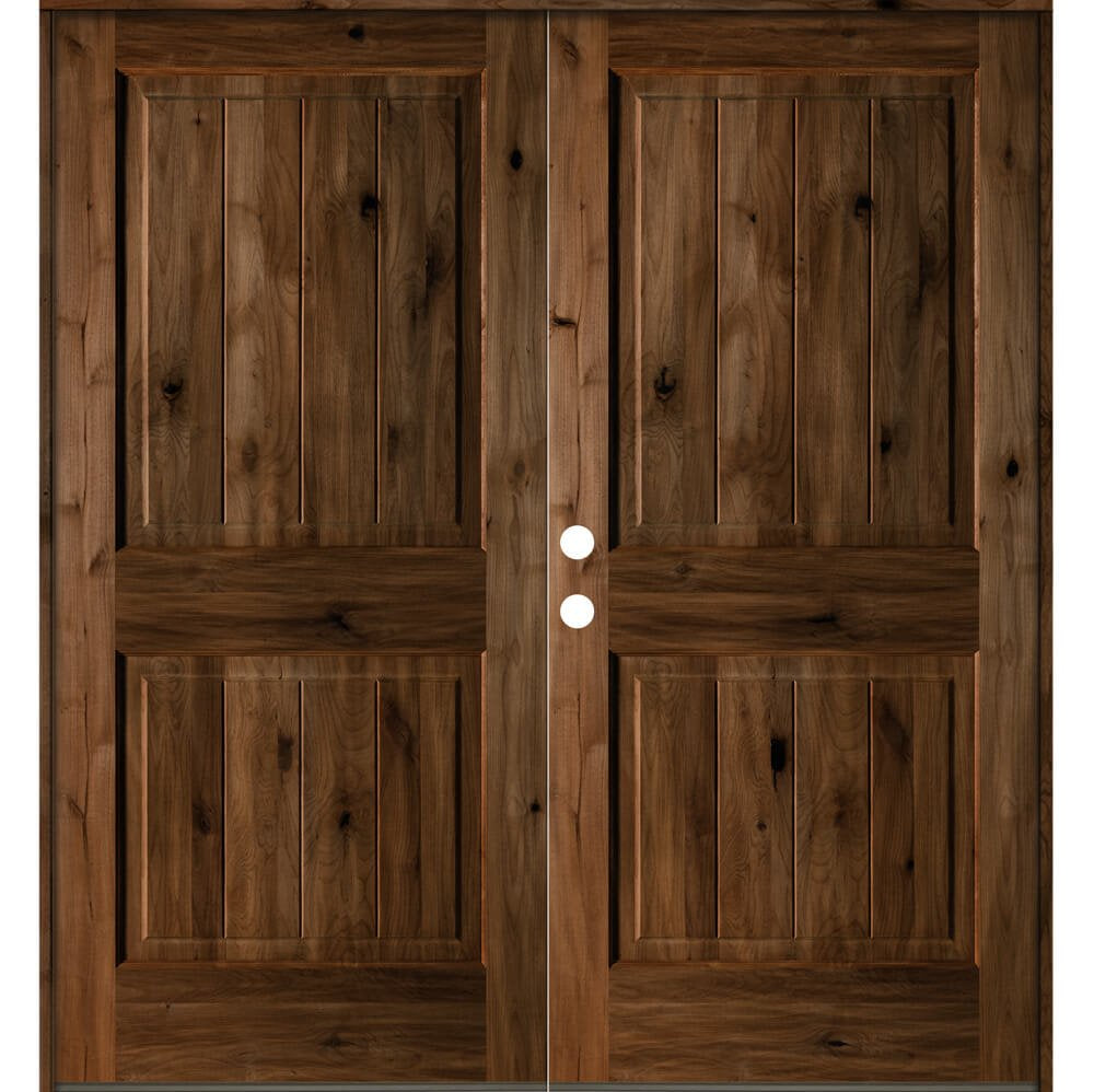 Rustic Knotty Alder Square Top V-Groove Exterior Double Door - Krosswood