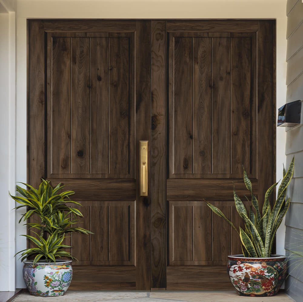 Rustic Knotty Alder Square Top V-Groove Exterior Double Door - Krosswood