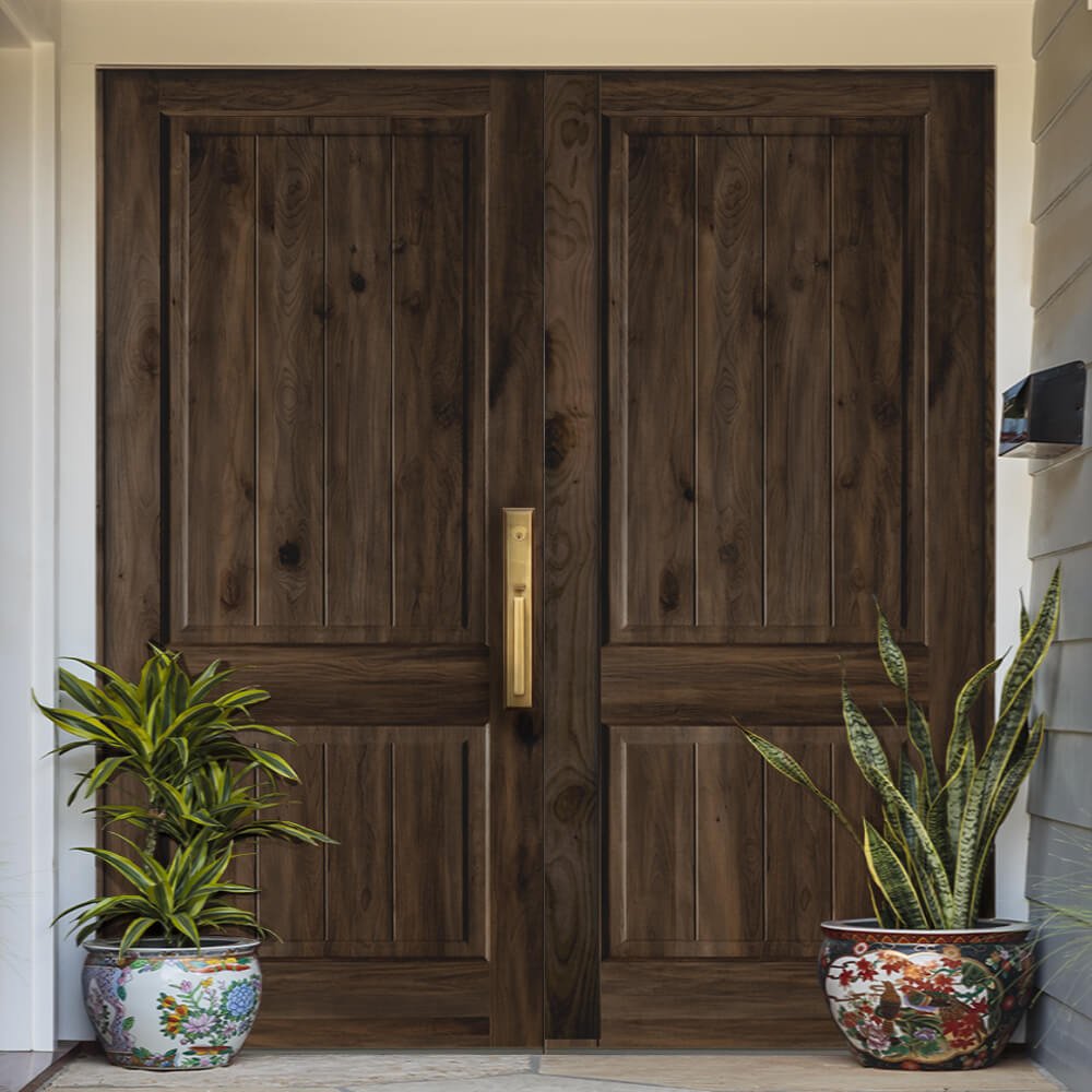 Rustic Knotty Alder Square Top V-Groove Exterior Double Door - Krosswood