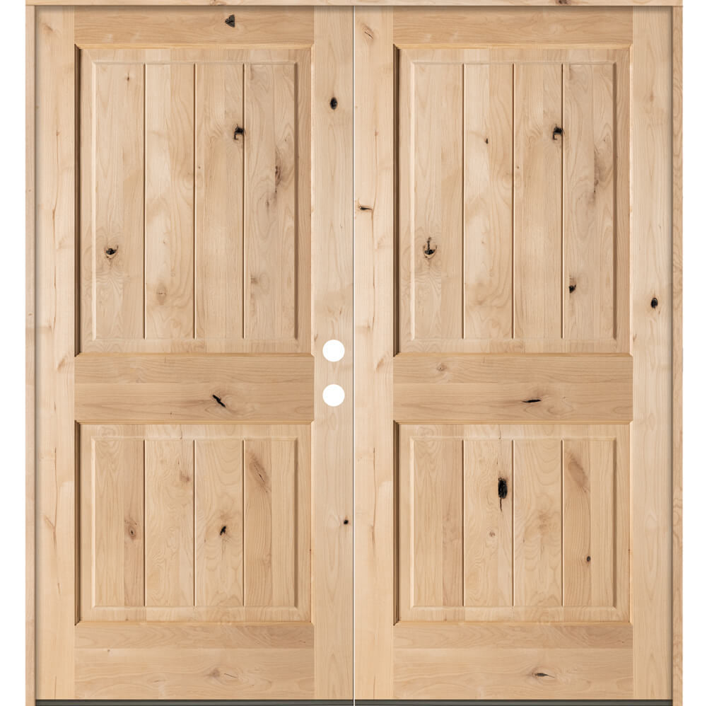 Rustic Knotty Alder Square Top V-Groove Exterior Double Door - Krosswood