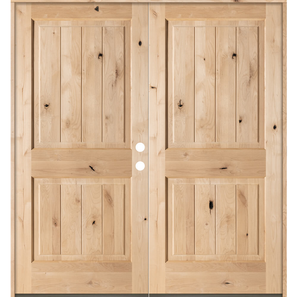 Rustic Knotty Alder Square Top V-Groove Exterior Double Door - Krosswood