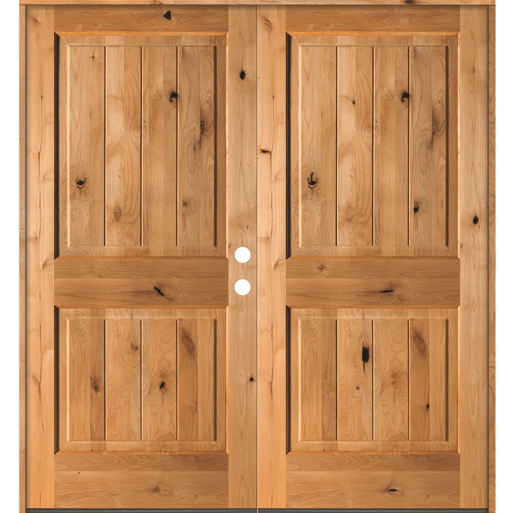 Rustic Knotty Alder Square Top V-Groove Exterior Double Door - Krosswood
