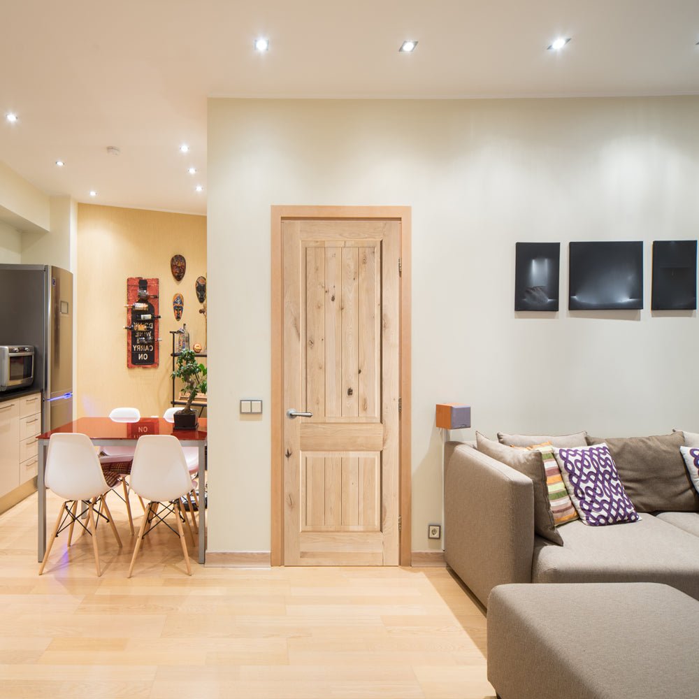 Rustic Knotty Alder Square Top V-Groove Interior Door - Krosswood