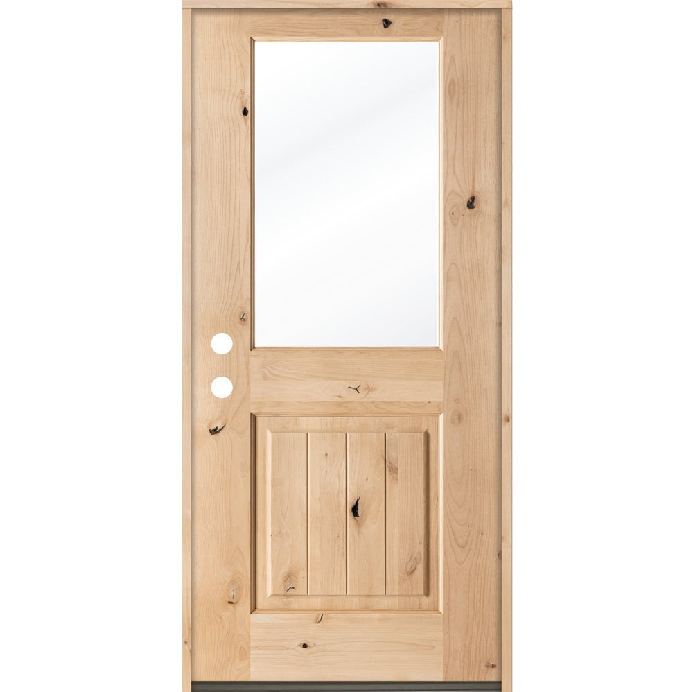 Rustic Knotty Alder V-Groove Half Lite Clear Glass Exterior Door - Krosswood