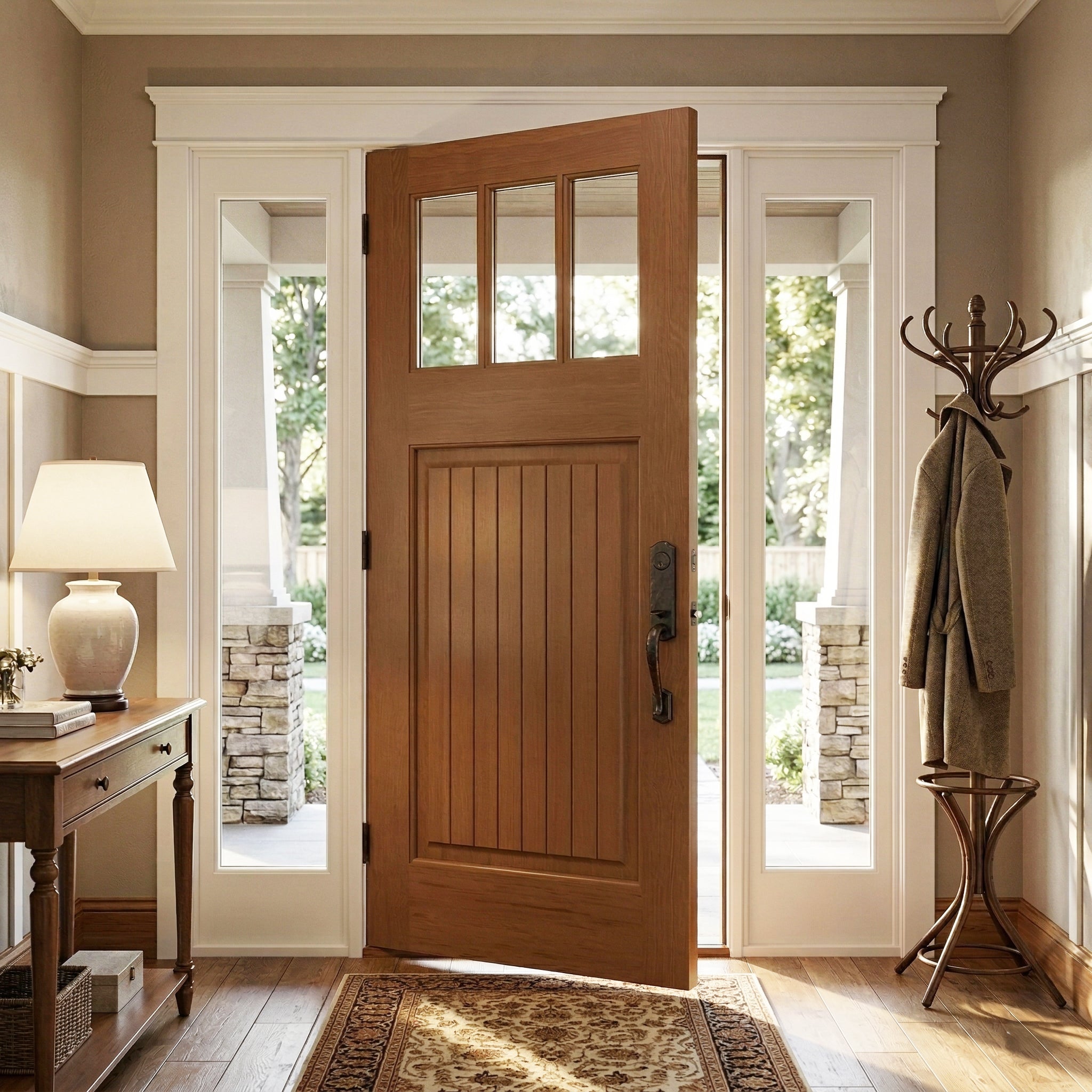 Krosswood Craftsman 3-Lite Hemlock Wood Front Door with Dentil