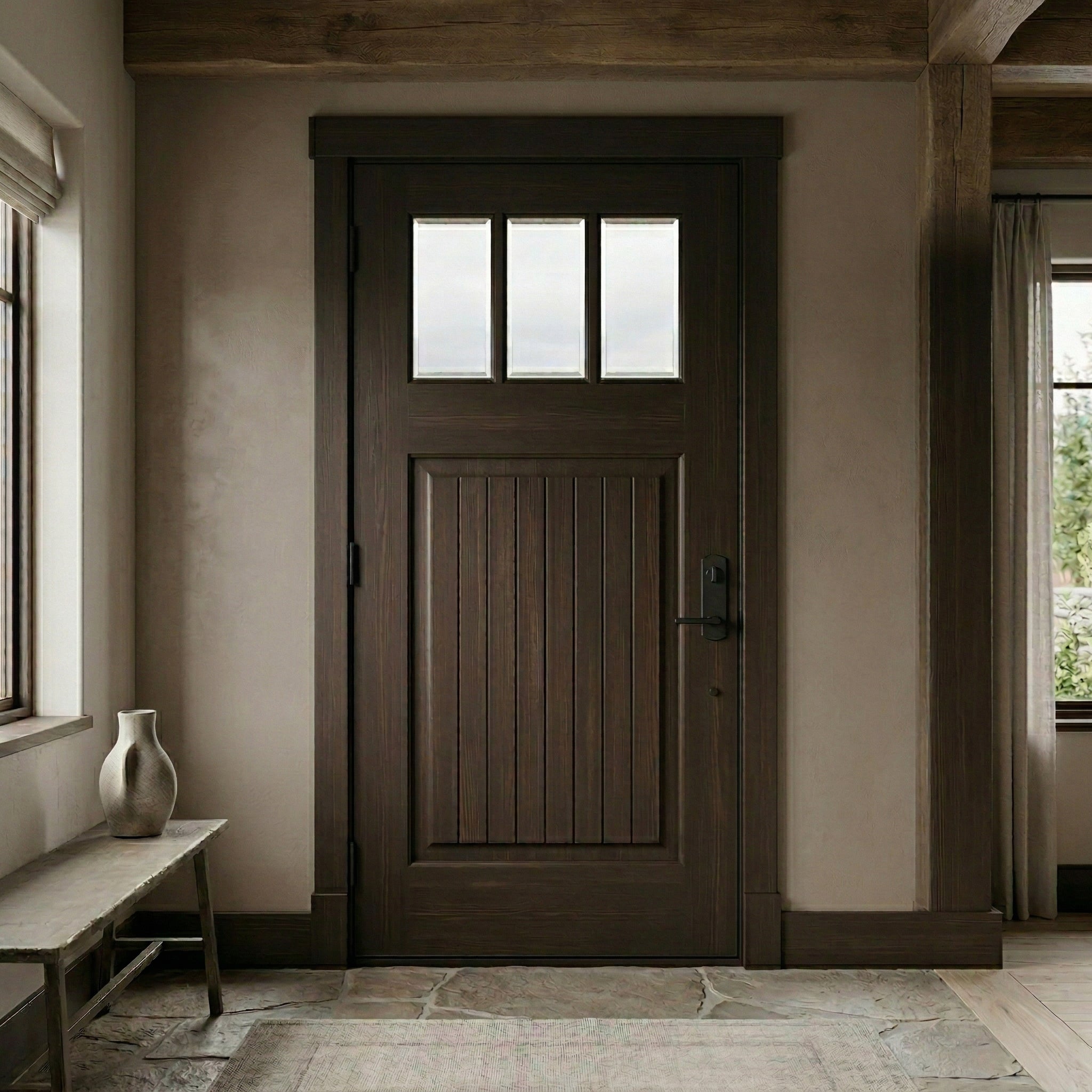 Craftsman 3 Lite Glass Window Wood Door with Dentil Shelf