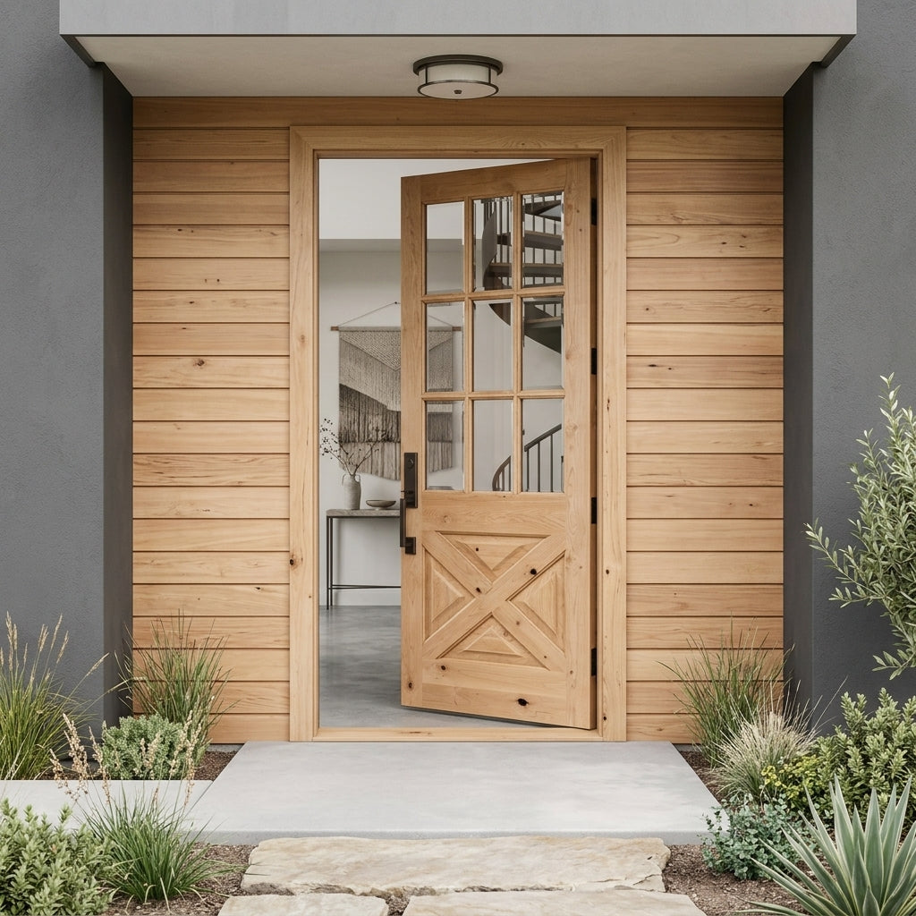 Krosswood Farmhouse Knotty Alder 9 Lite X-Panel Exterior Front