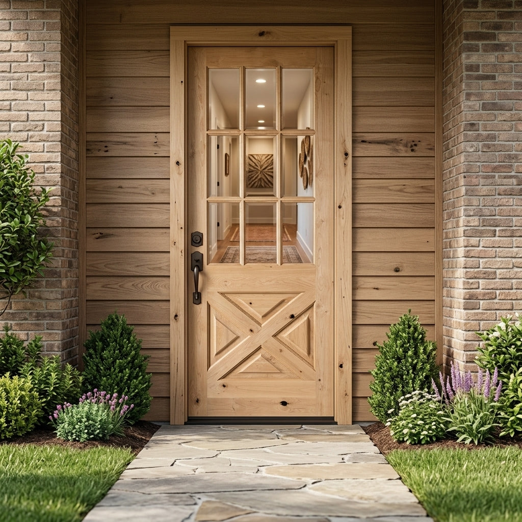 Farmhouse Glass Window X Panel Knotty Wood Front Door | Krosswood