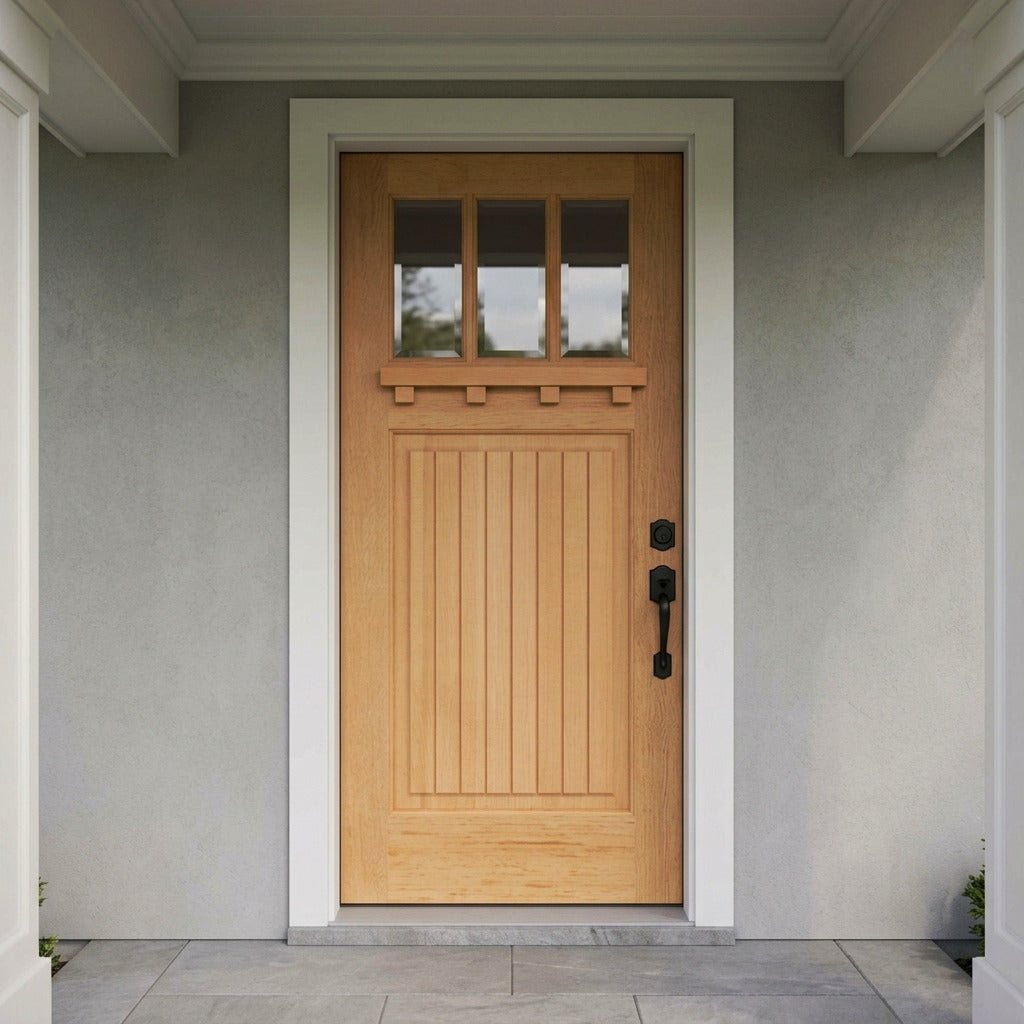 Krosswood Craftsman 3-Lite Hemlock Wood Front Door with Dentil