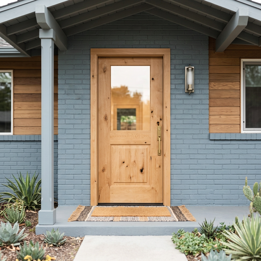 Unfinished wood finish on a Krosswood Modern Farmhouse Knotty Alder half-lite exterior door, installed on a blue brick house.