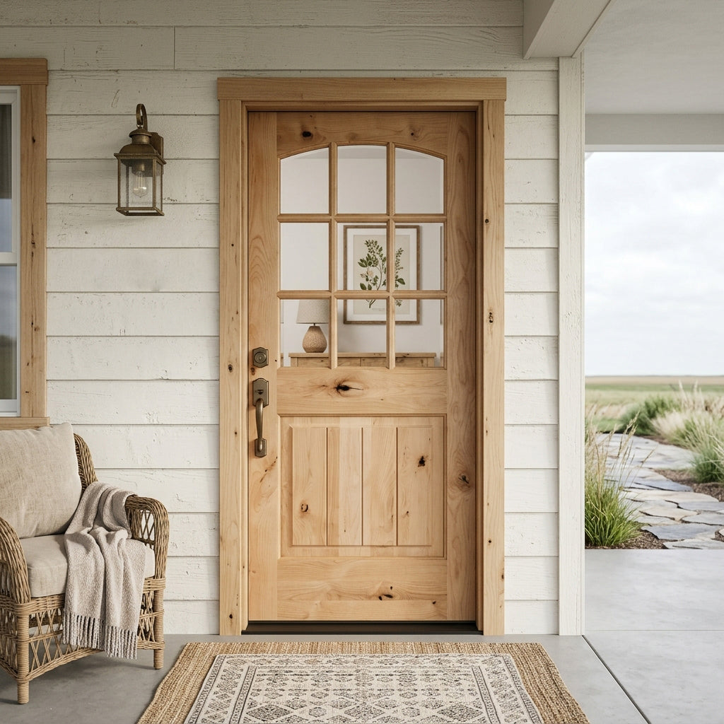 Rustic Arch Top 9-Lite Glass Knotty Alder Wood Front Door