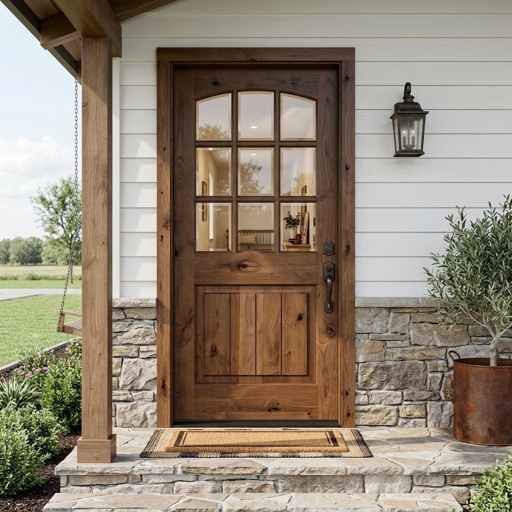 Rustic Arch Top 9-Lite Glass Knotty Alder Wood Front Door