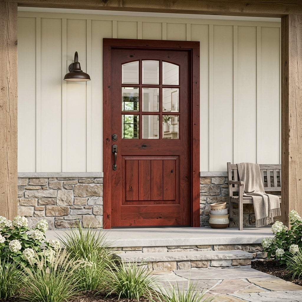 Rustic Arch Top 9-Lite Glass Knotty Alder Wood Front Door