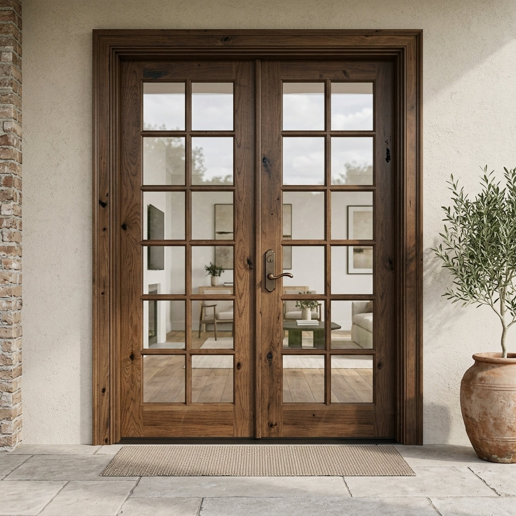 French Knotty Alder Wood 12 Lite Clear Glass Exterior Double Door