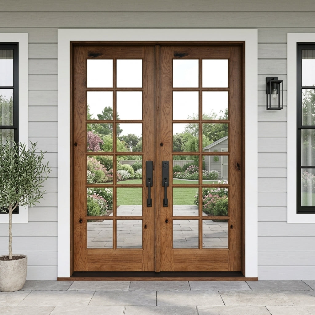 French Knotty Alder Wood 12 Lite Clear Glass Exterior Double Door