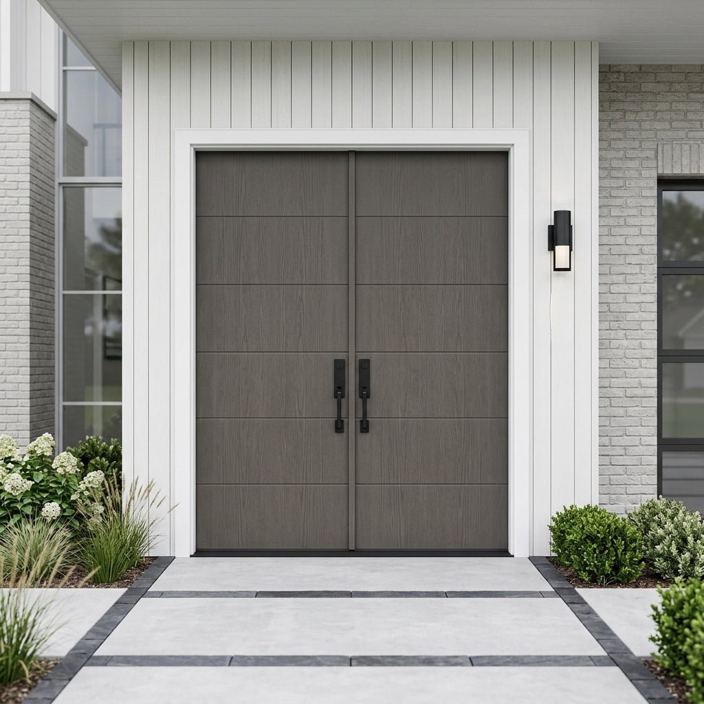 TETON Modern Fiberglass Mahogany-Texture Exterior Double Door ...