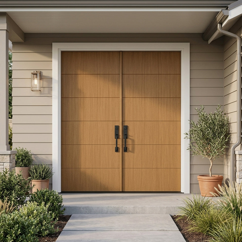 TETON Modern Fiberglass Mahogany-Texture Exterior Double Door ...