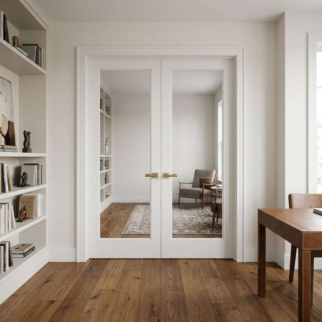Modern Full Lite Clear Glass MDF Double Door | Krosswood
