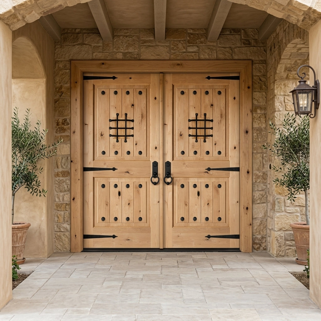 Mediterranean Knotty Alder Speakeasy Exterior Double Door
