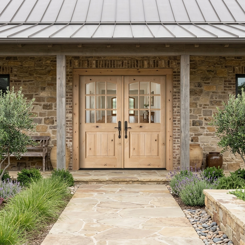 Arch Top Knotty Alder 9-Lite Exterior Double Door | Krosswood