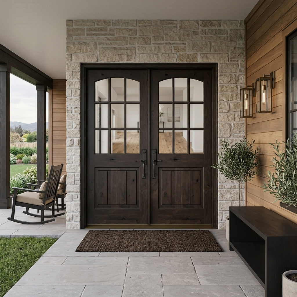 Arch Top Knotty Alder 9-Lite Exterior Double Door | Krosswood