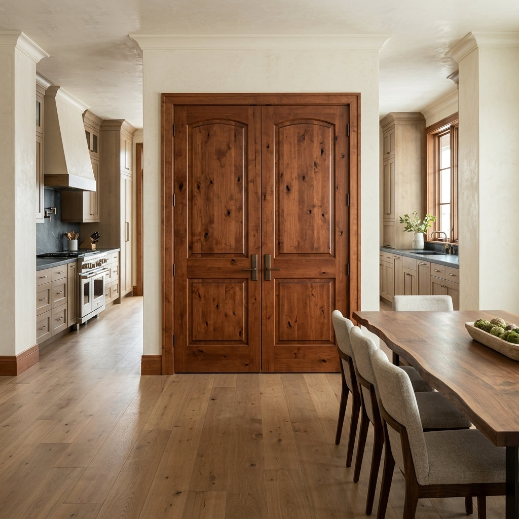 Farmhouse Knotty Alder Arch Top Interior Double Door | Krosswood