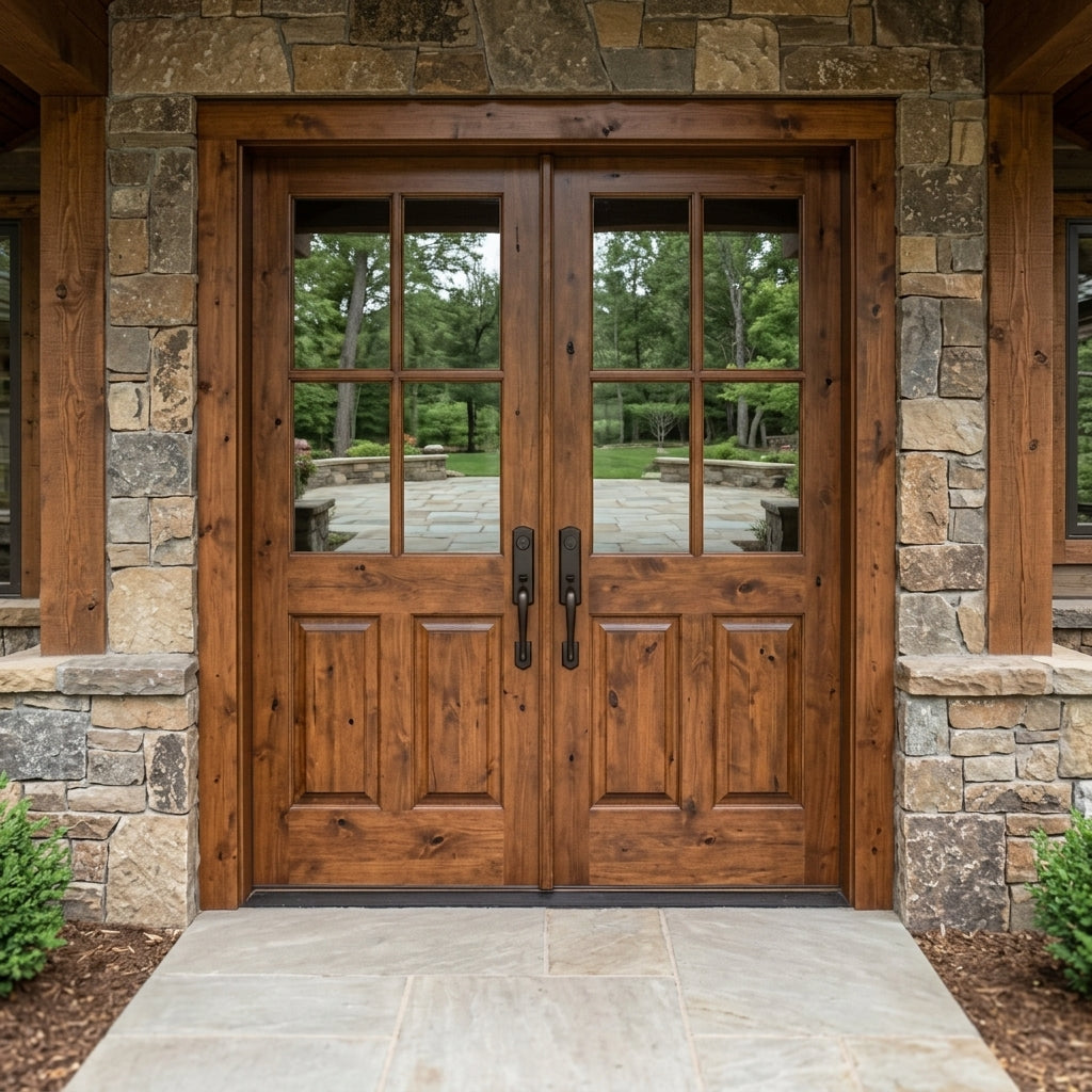 Modern Farmhouse Knotty Alder 4-Lite Exterior Double Door