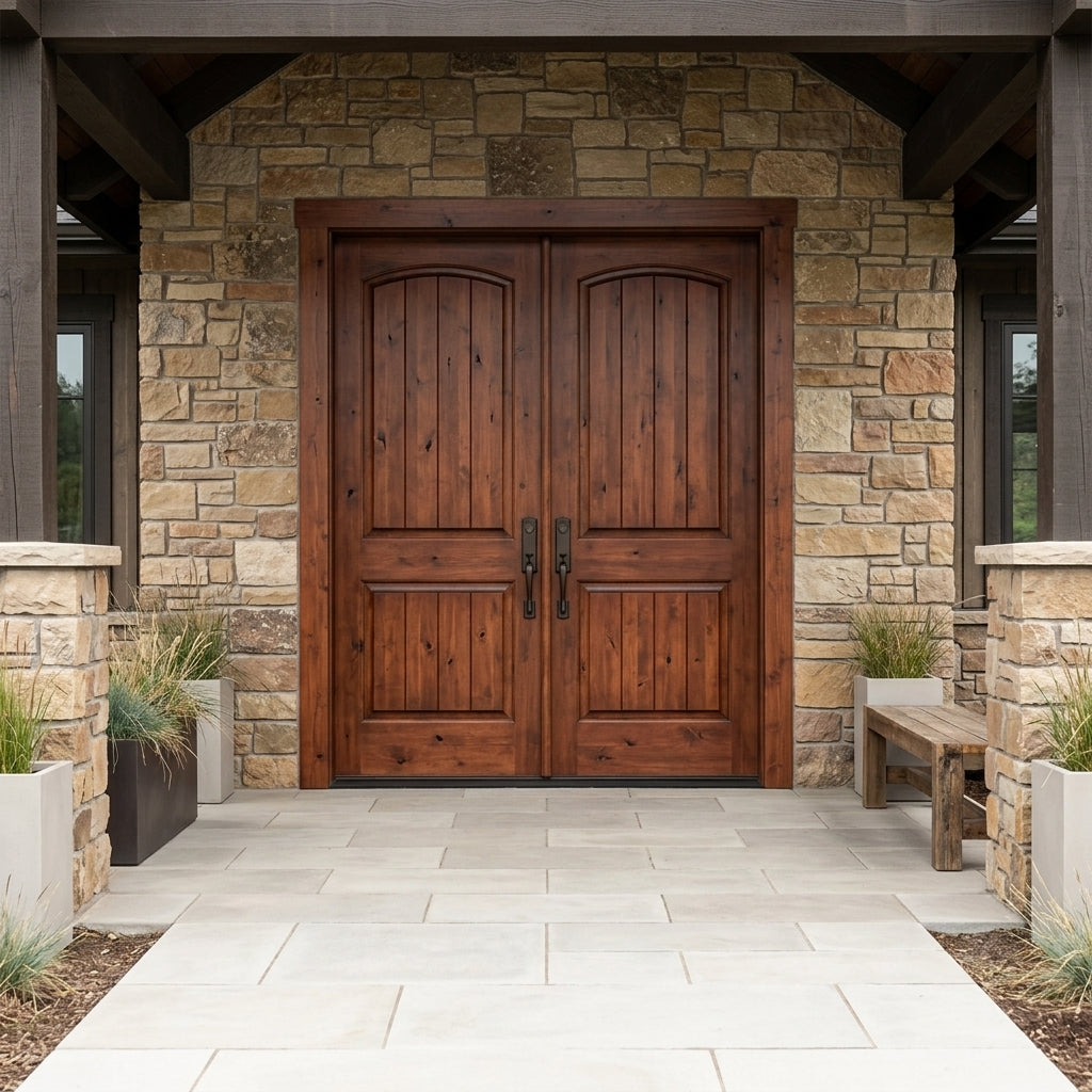 Rustic Knotty Alder Arch Top V-Groove Exterior Double Door