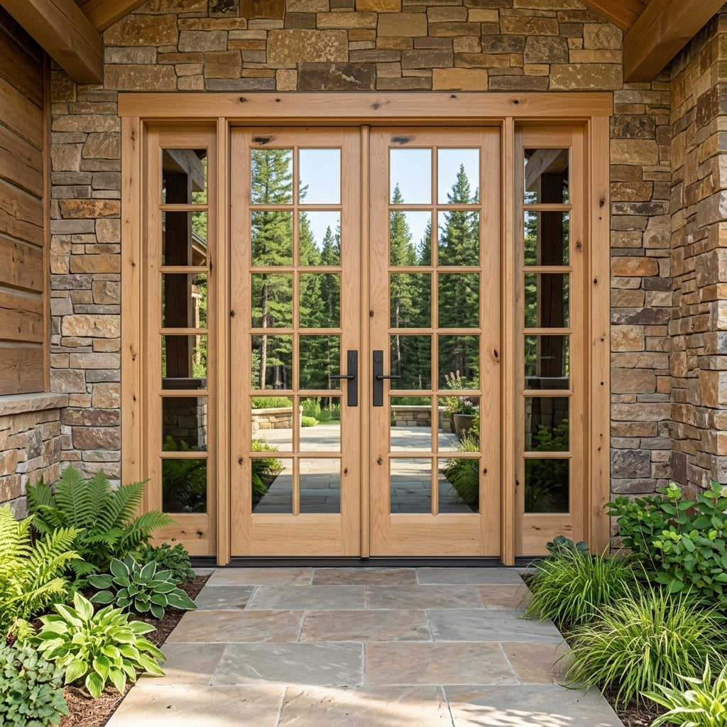 French Knotty Alder Wood 12 Lite Clear Glass Exterior Double Door