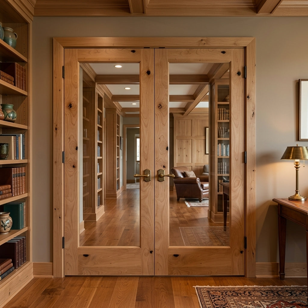 Modern Knotty Alder Full Clear Glass Double Door | Krosswood