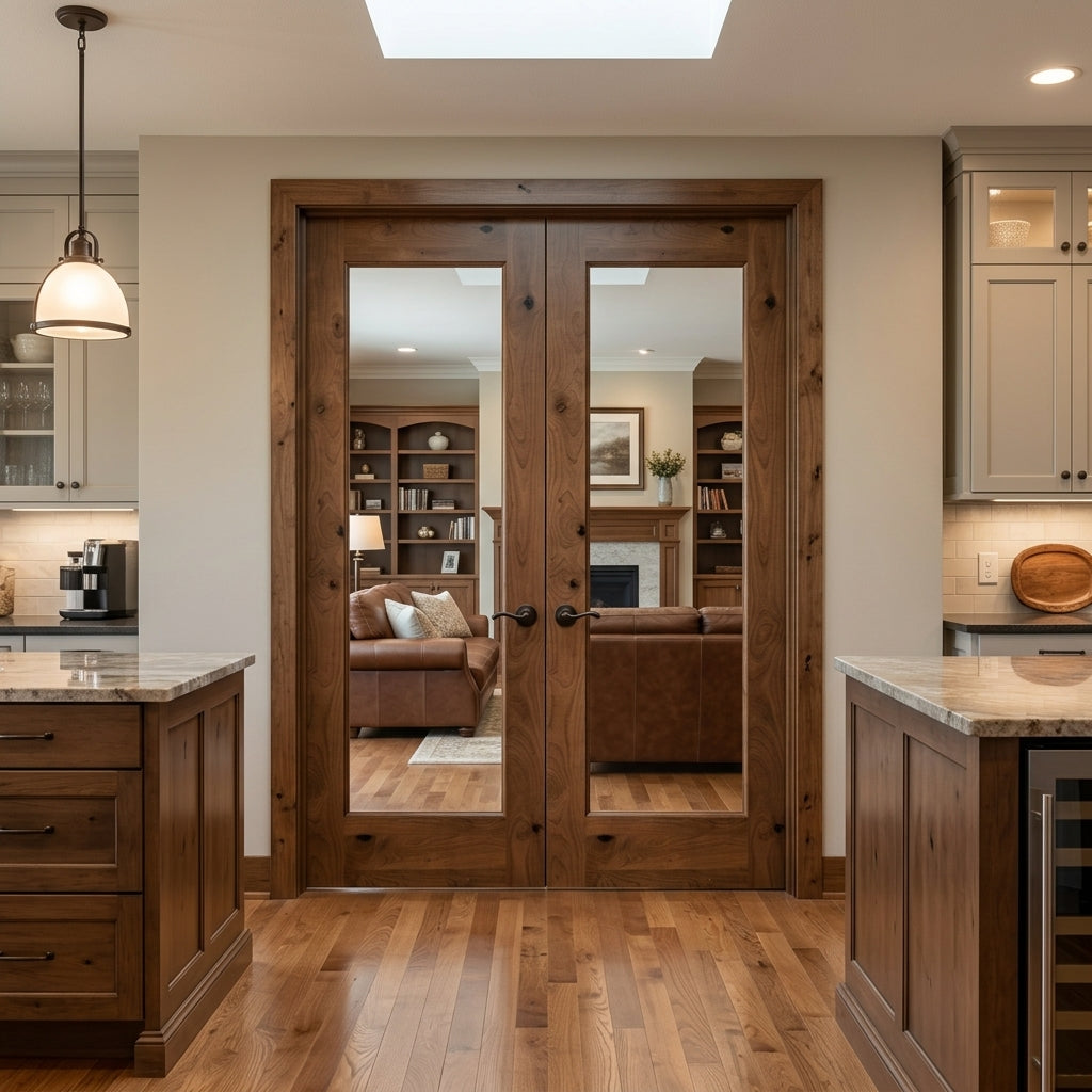 Modern Knotty Alder Full Clear Glass Double Door | Krosswood