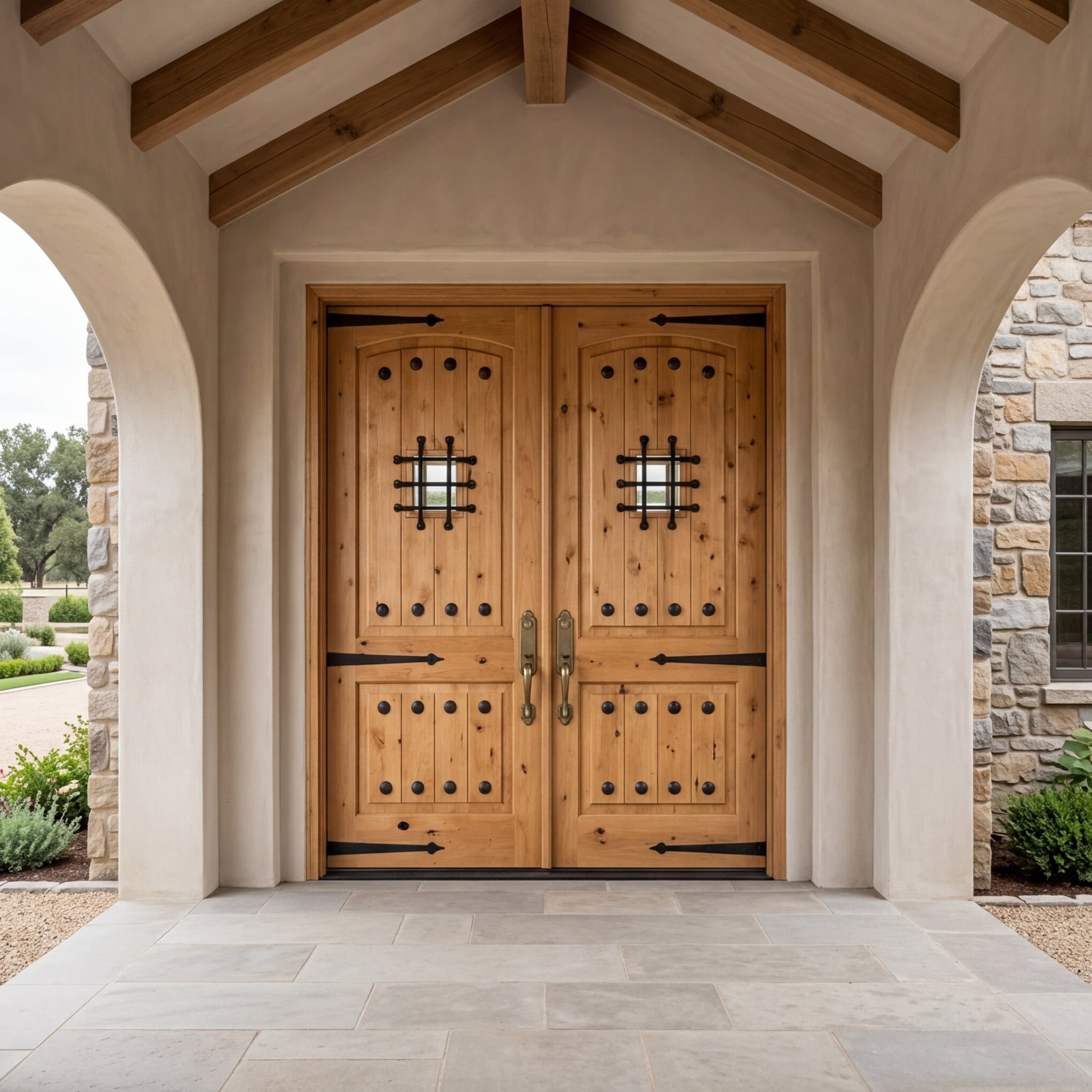 Mediterranean Arch Top Knotty Alder Speakeasy Double Door