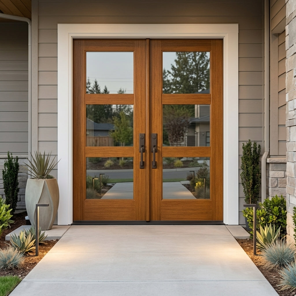 BRIGHTON Modern 3-Lite Clear Glass Fiberglass Double Door | Krosswood ...