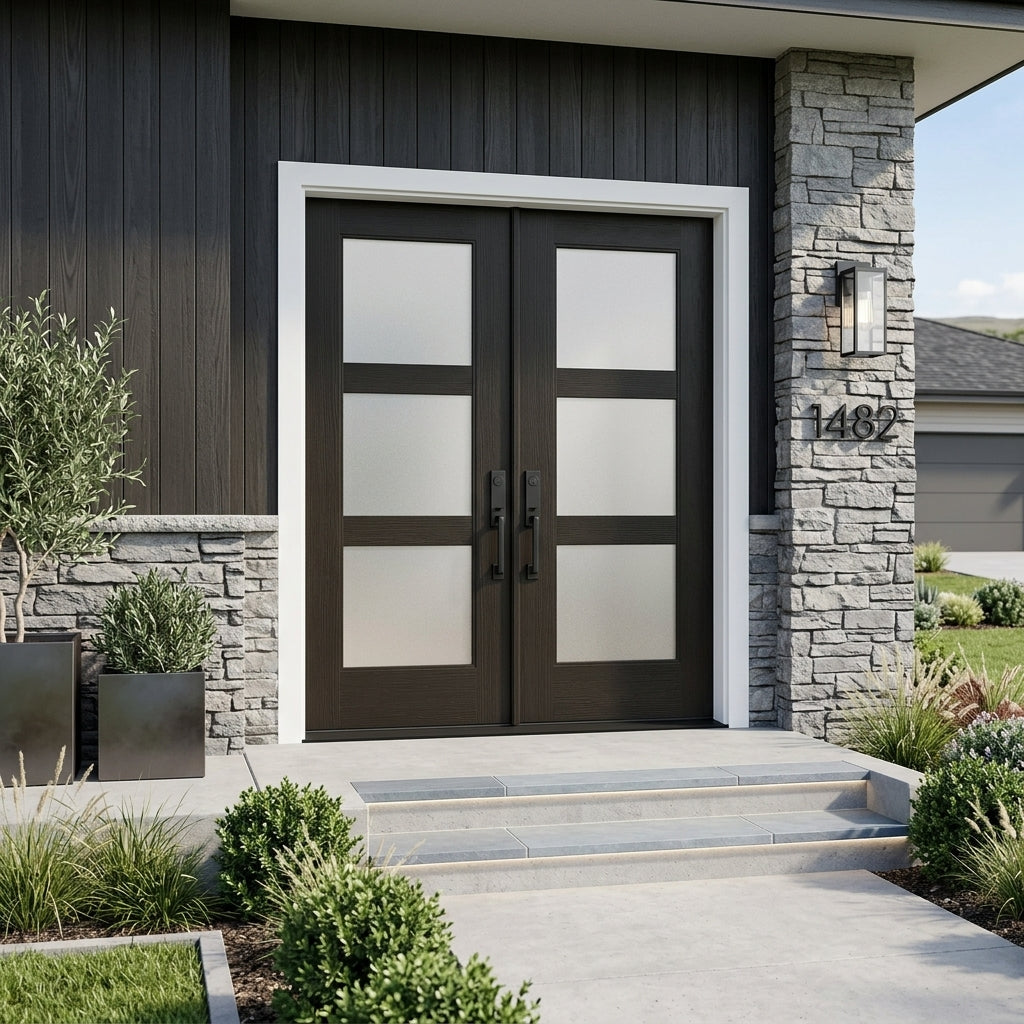BRIGHTON Modern 3-Lite Frosted Fiberglass Double Door | Krosswood